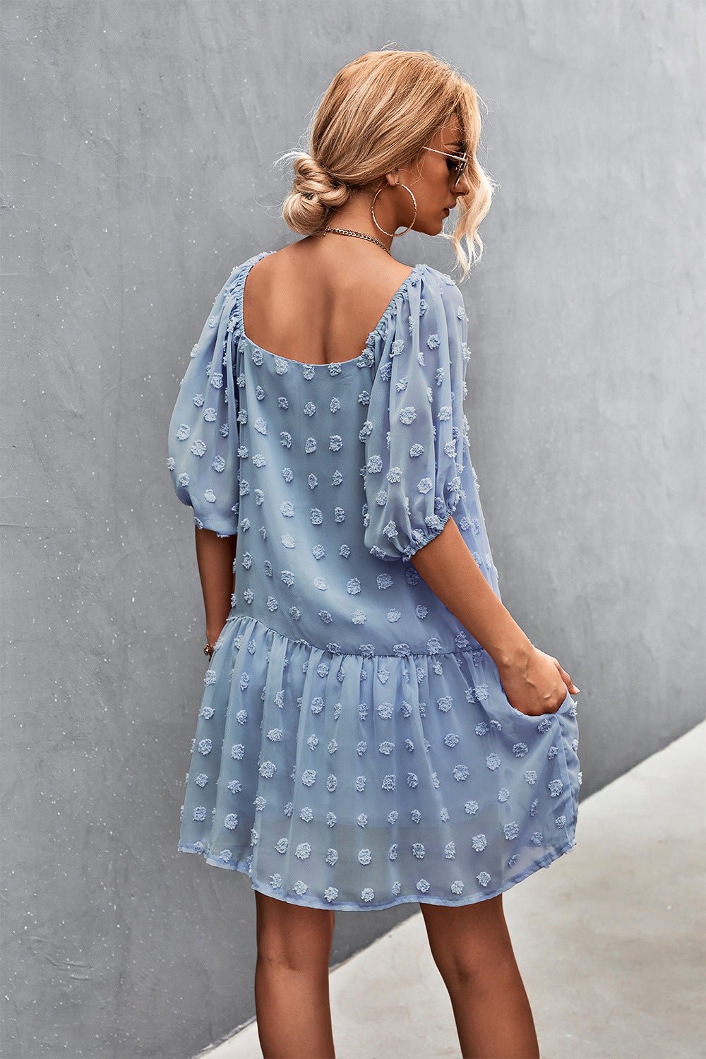 Swiss Dot Square Neck Half Balloon Sleeve Dress - Witcheasy