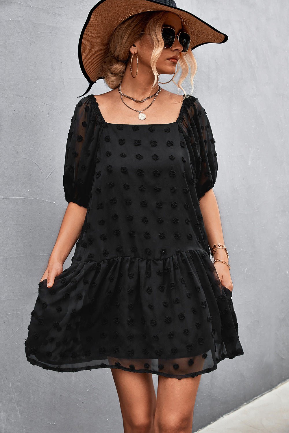Swiss Dot Square Neck Half Balloon Sleeve Dress - Witcheasy