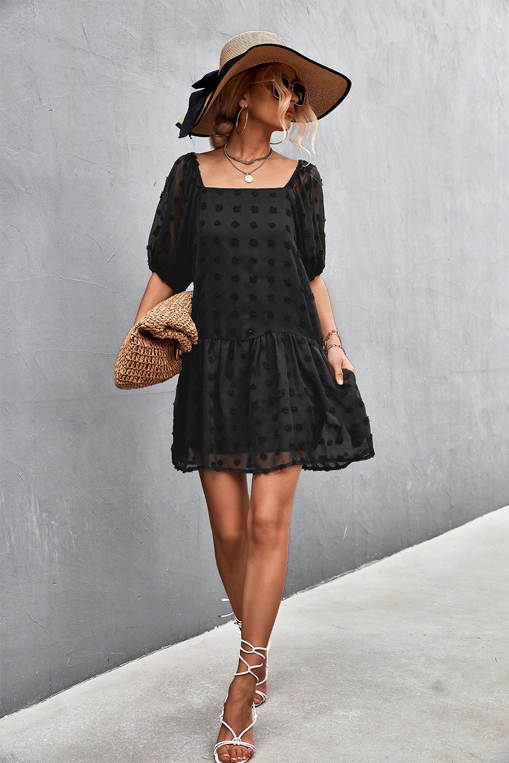 Swiss Dot Square Neck Half Balloon Sleeve Dress - Witcheasy