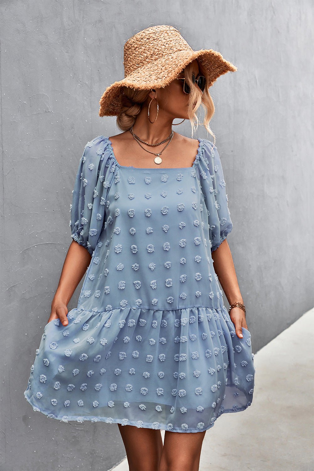 Swiss Dot Square Neck Half Balloon Sleeve Dress - Witcheasy