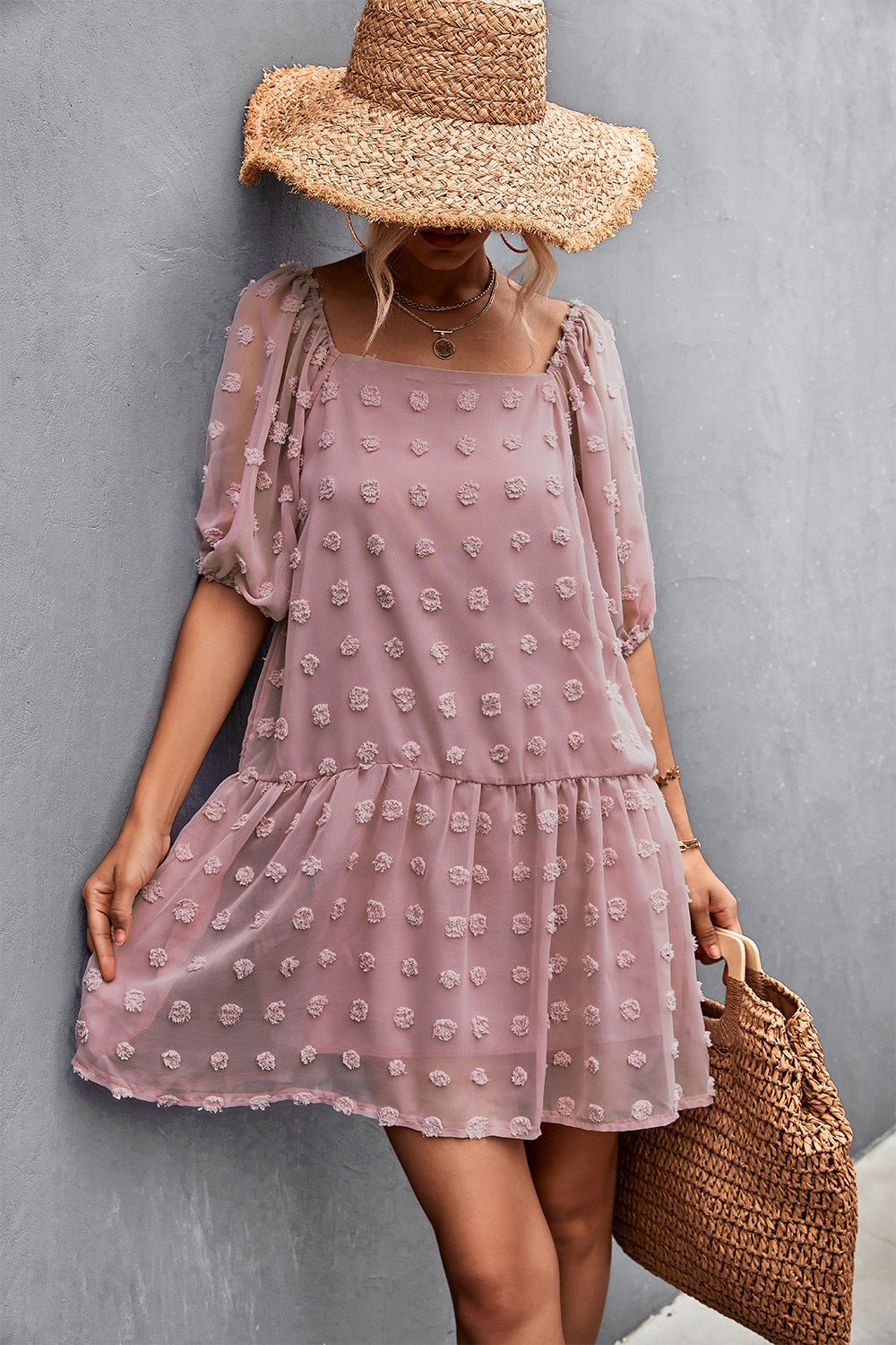 Swiss Dot Square Neck Half Balloon Sleeve Dress - Witcheasy