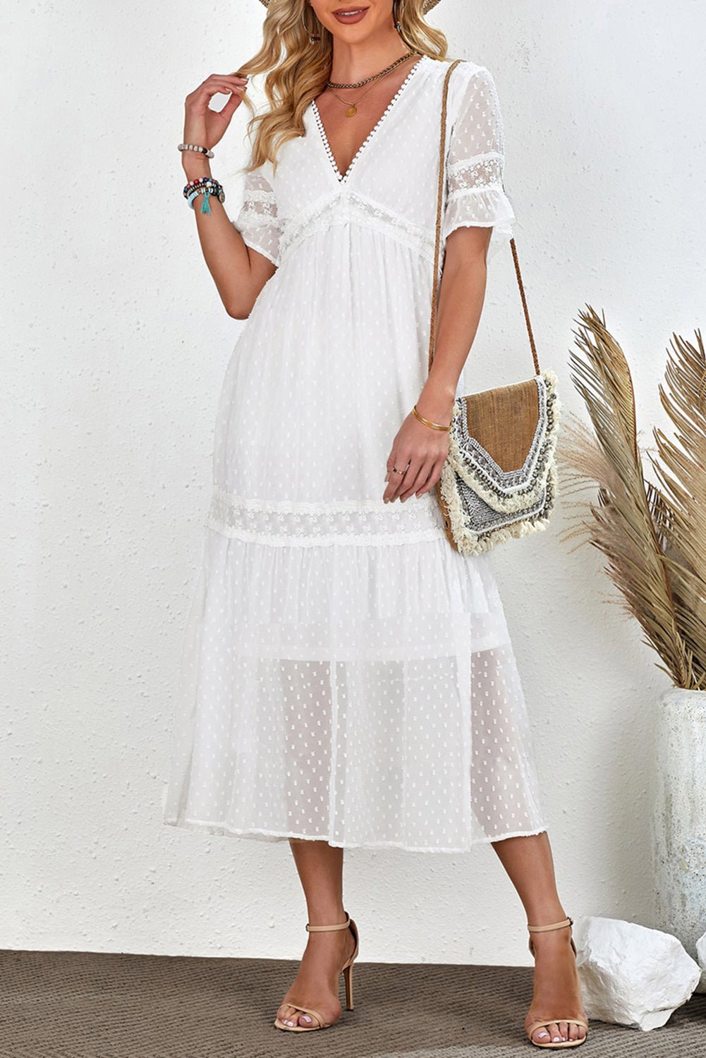Swiss Dot V-Neck Short Sleeve Midi Dress - Witcheasy