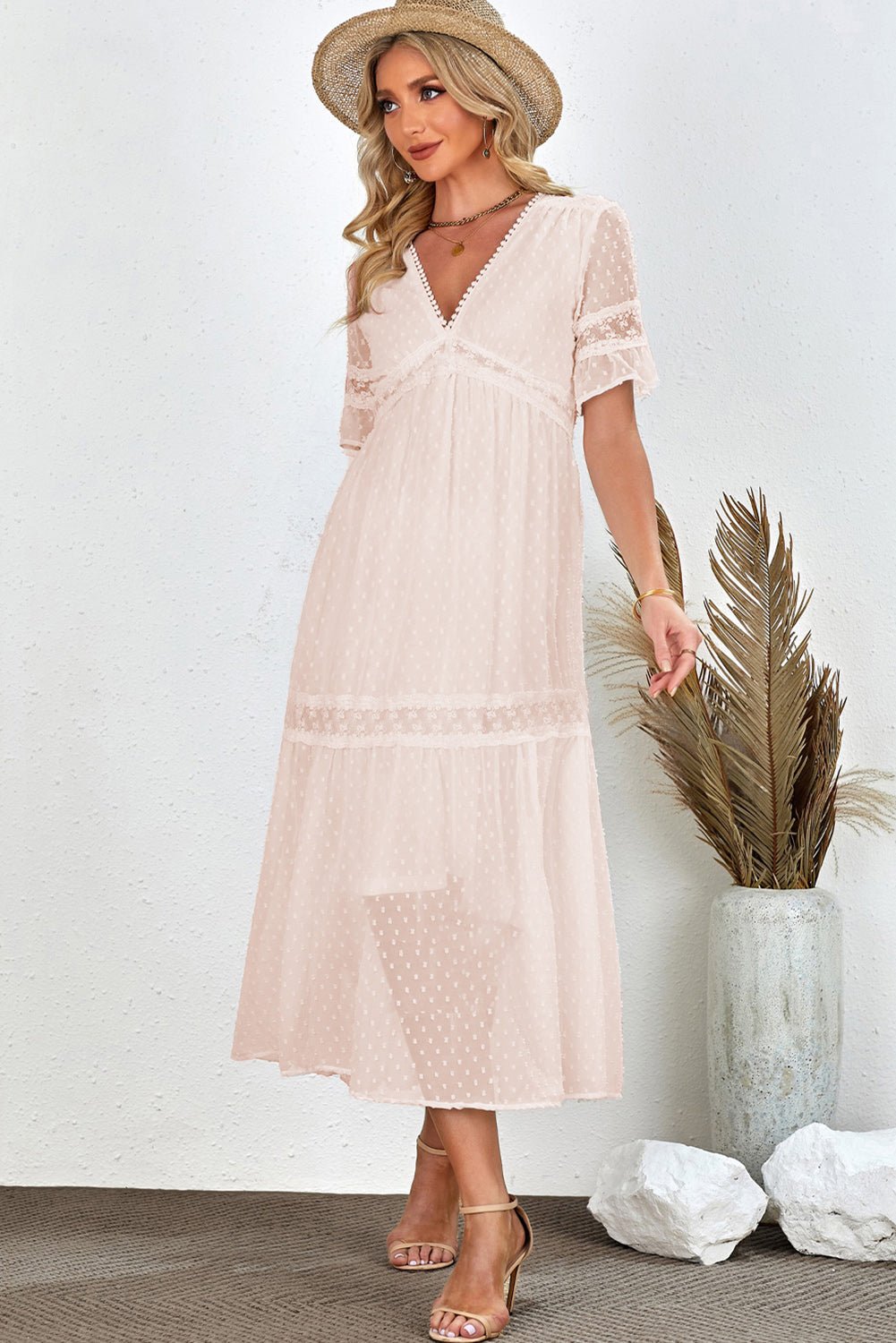 Swiss Dot V-Neck Short Sleeve Midi Dress - Witcheasy