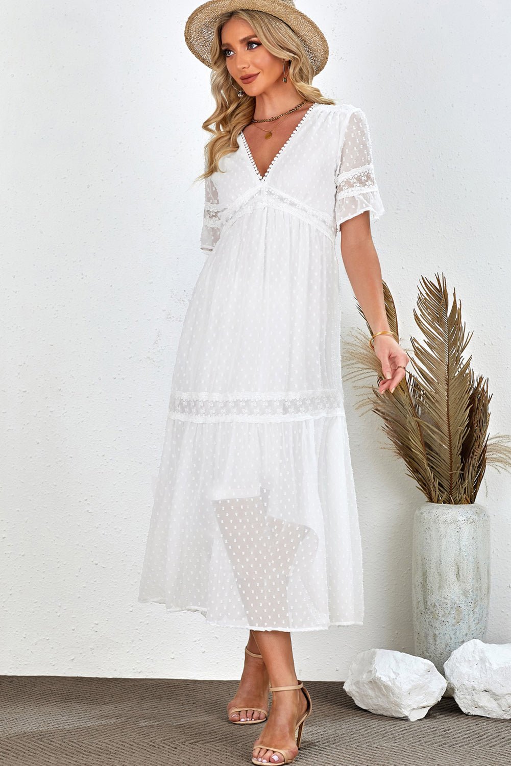 Swiss Dot V-Neck Short Sleeve Midi Dress - Witcheasy