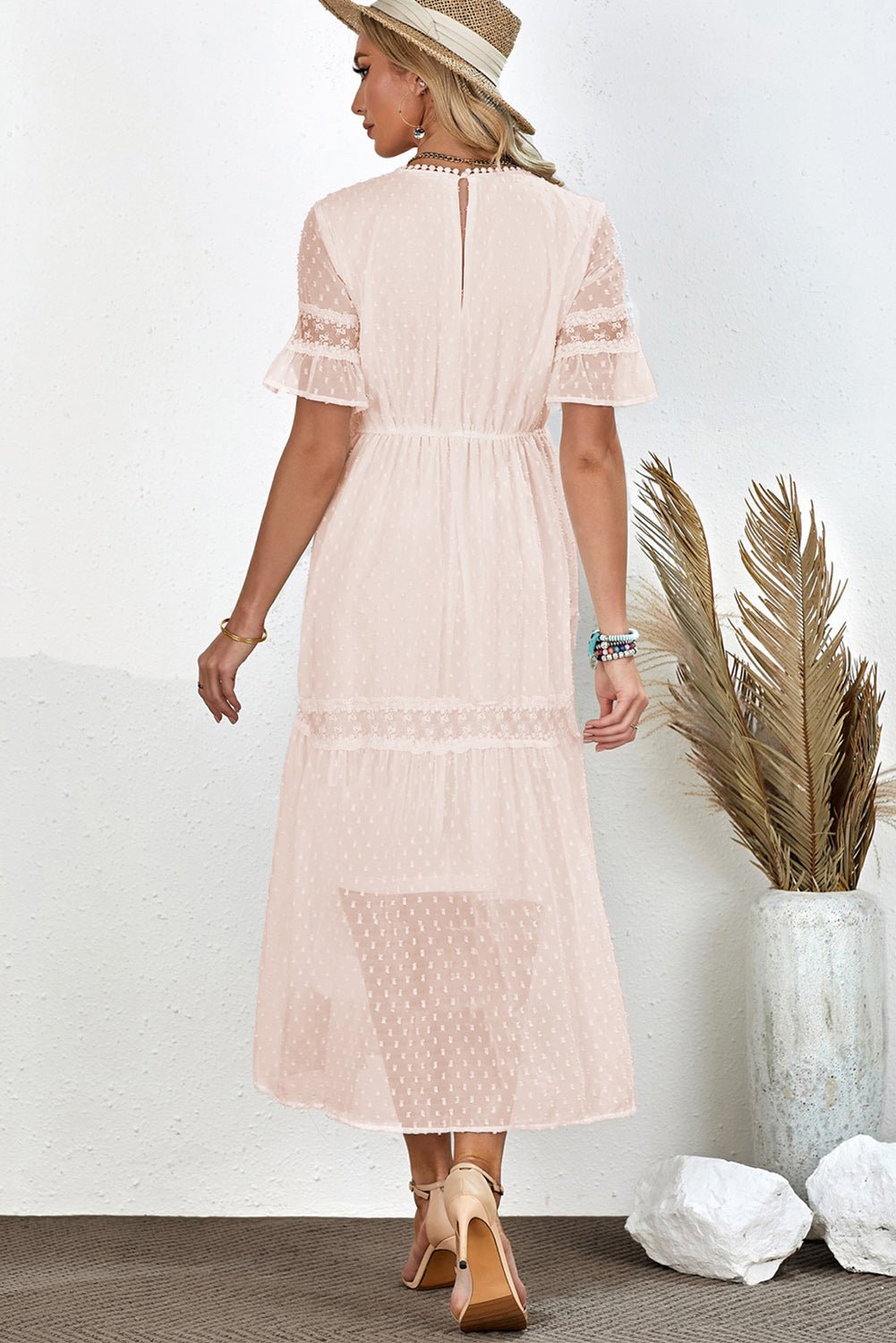Swiss Dot V-Neck Short Sleeve Midi Dress - Witcheasy