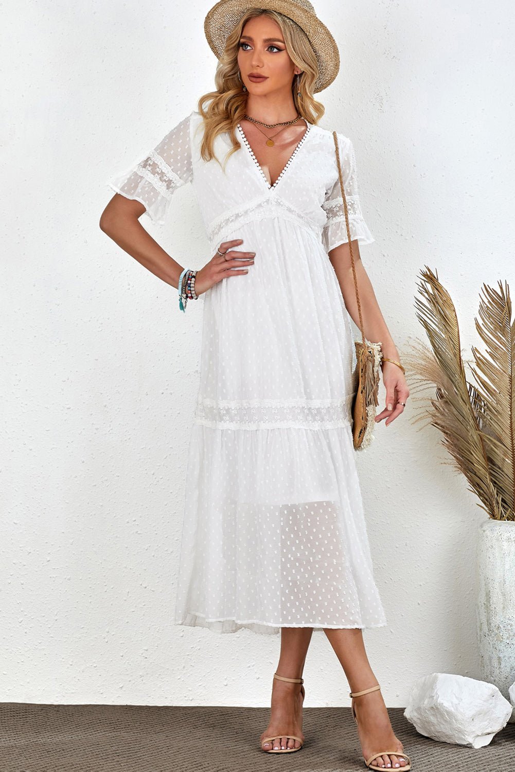 Swiss Dot V-Neck Short Sleeve Midi Dress - Witcheasy