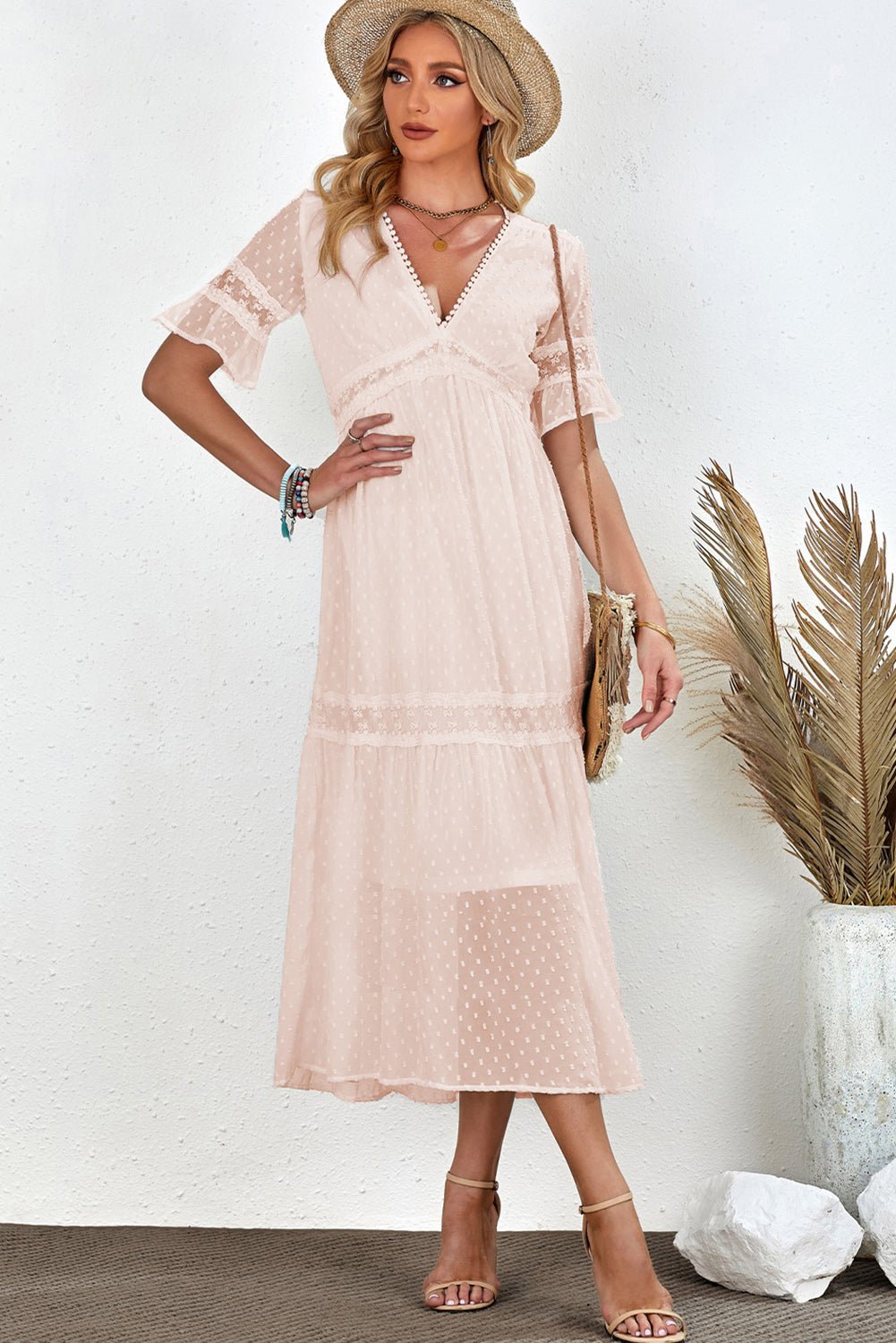 Swiss Dot V-Neck Short Sleeve Midi Dress - Witcheasy
