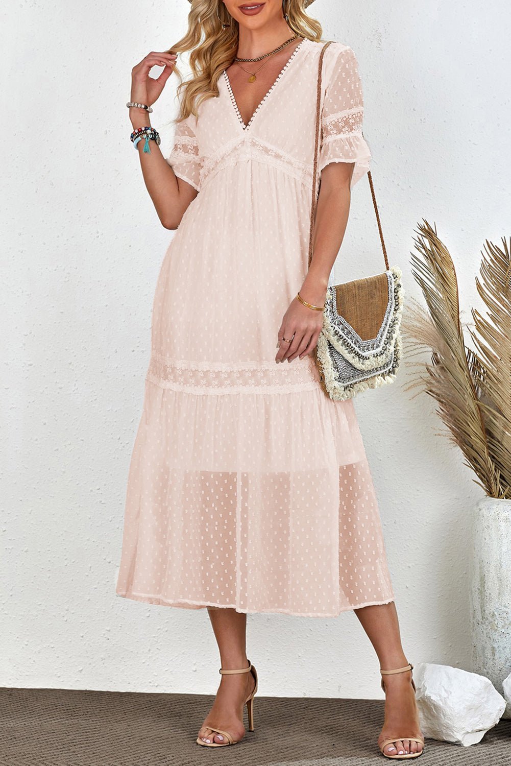 Swiss Dot V-Neck Short Sleeve Midi Dress - Witcheasy
