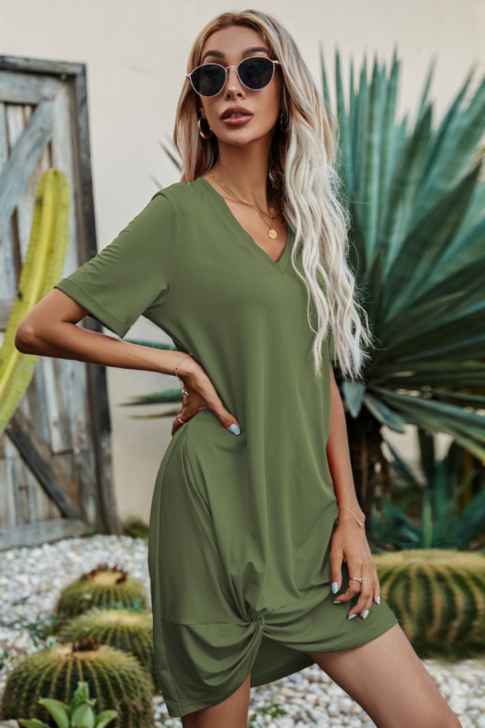 Twisted V-Neck Short Sleeve Dress - Witcheasy