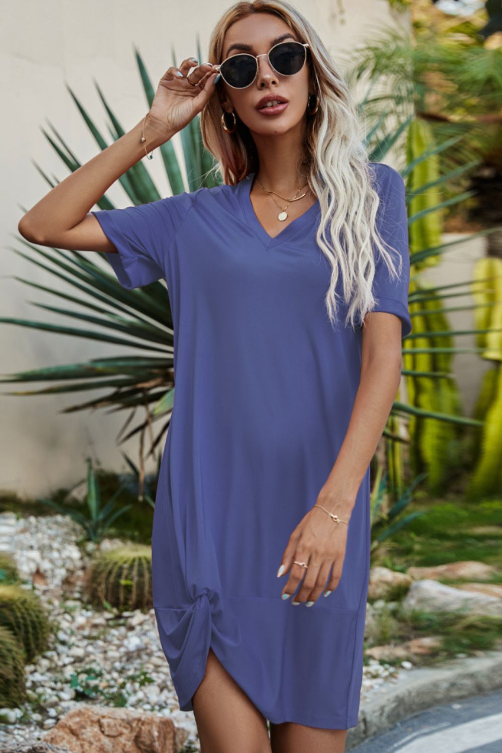 Twisted V-Neck Short Sleeve Dress - Witcheasy