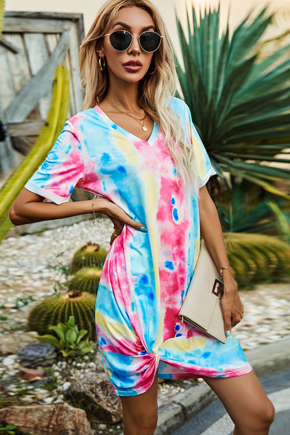 Twisted V-Neck Short Sleeve Dress - Witcheasy
