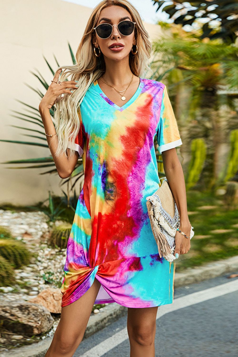 Twisted V-Neck Short Sleeve Dress - Witcheasy
