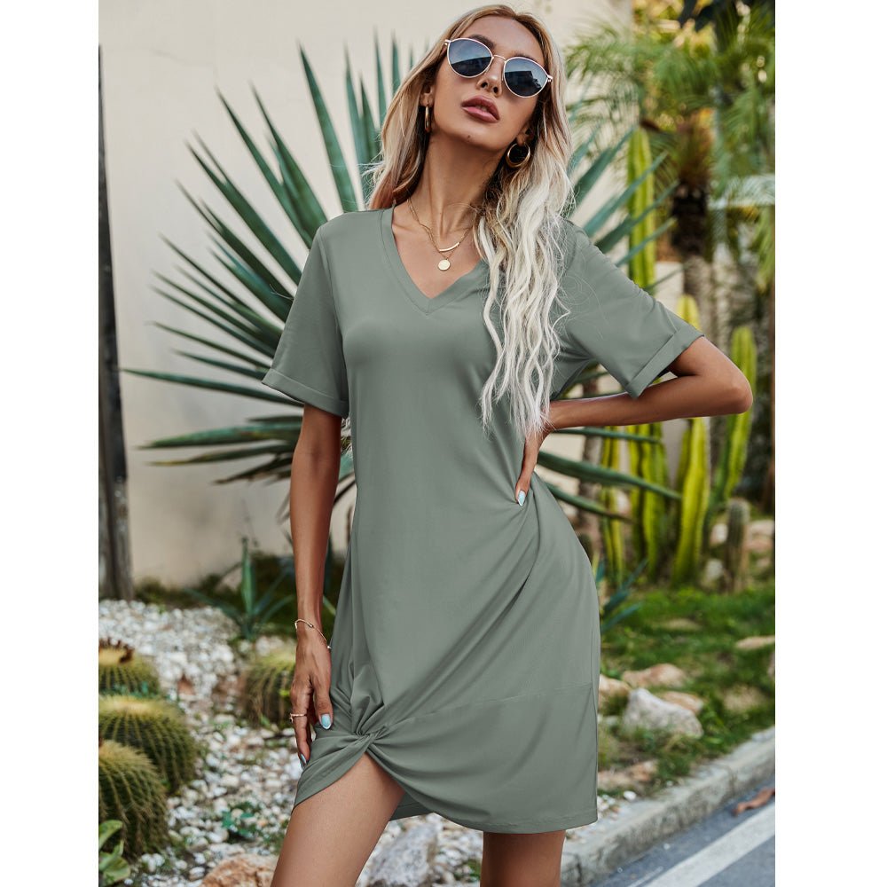 Twisted V-Neck Short Sleeve Dress - Witcheasy