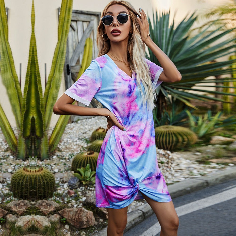 Twisted V-Neck Short Sleeve Dress - Witcheasy