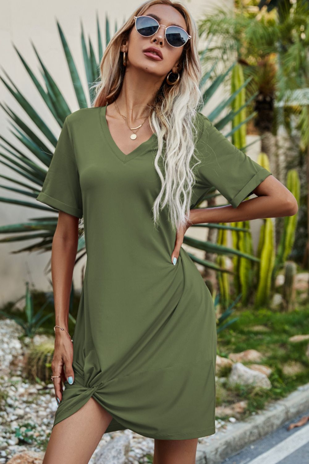 Twisted V-Neck Short Sleeve Dress - Witcheasy