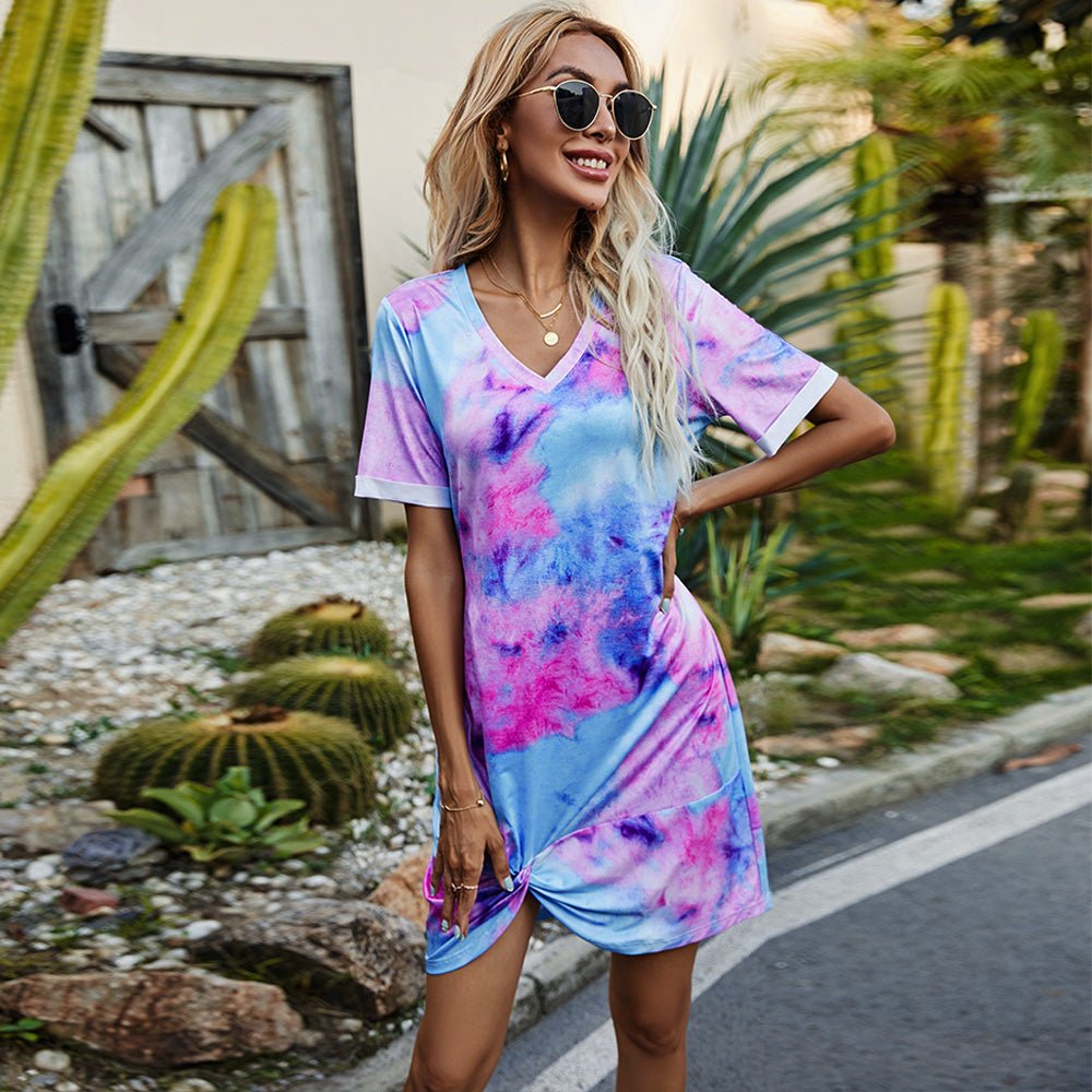 Twisted V-Neck Short Sleeve Dress - Witcheasy