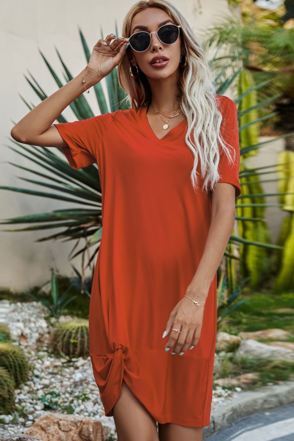 Twisted V-Neck Short Sleeve Dress - Witcheasy