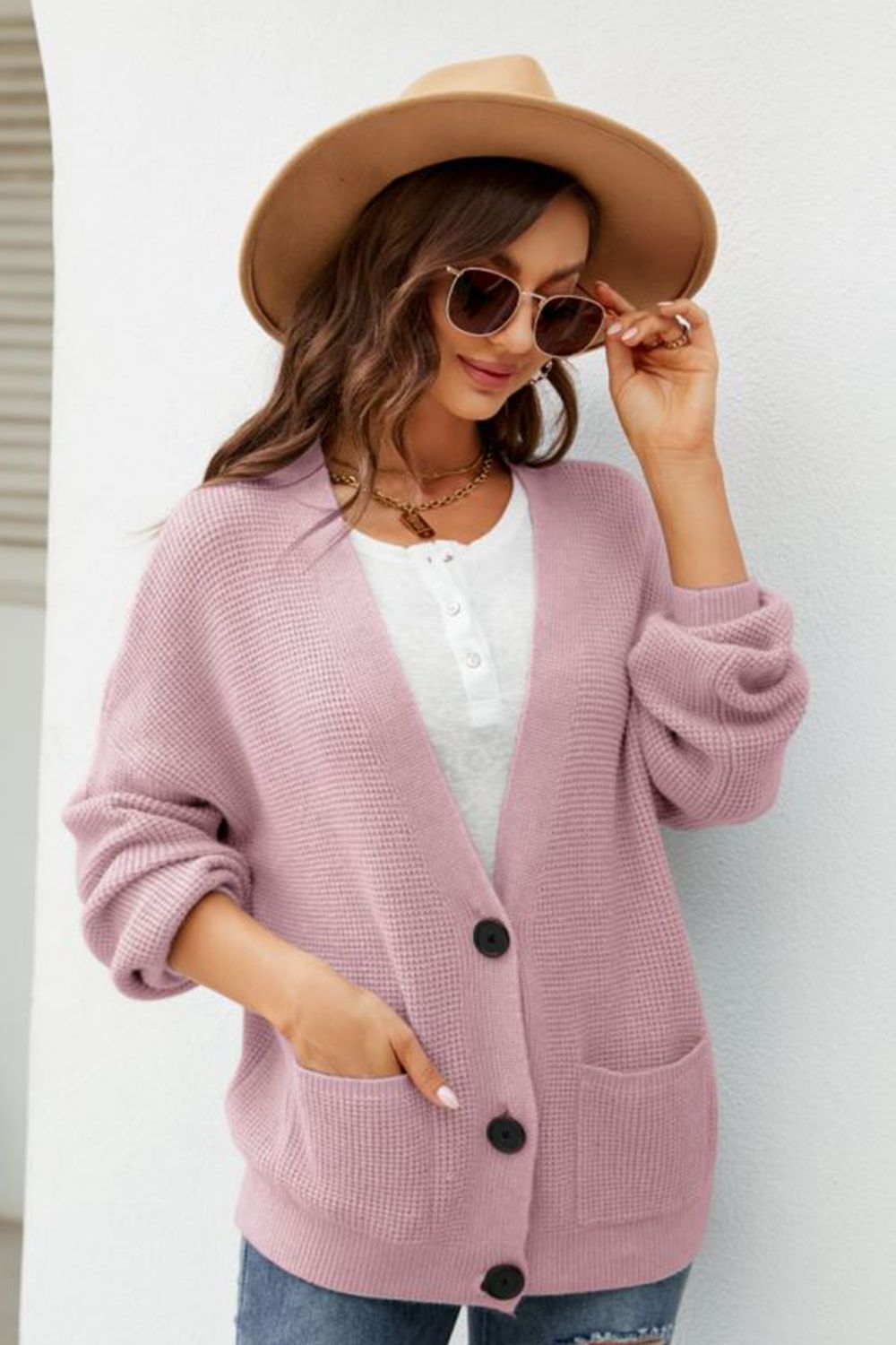 Waffle-Knit Dropped Shoulder Cardigan - Witcheasy
