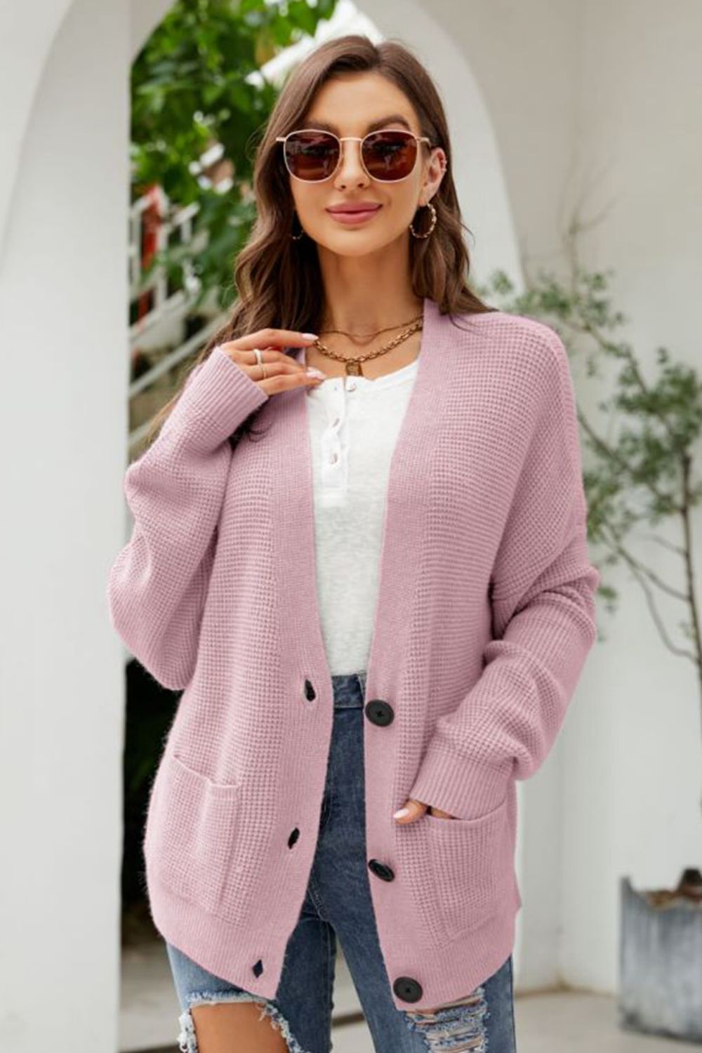Waffle-Knit Dropped Shoulder Cardigan - Witcheasy