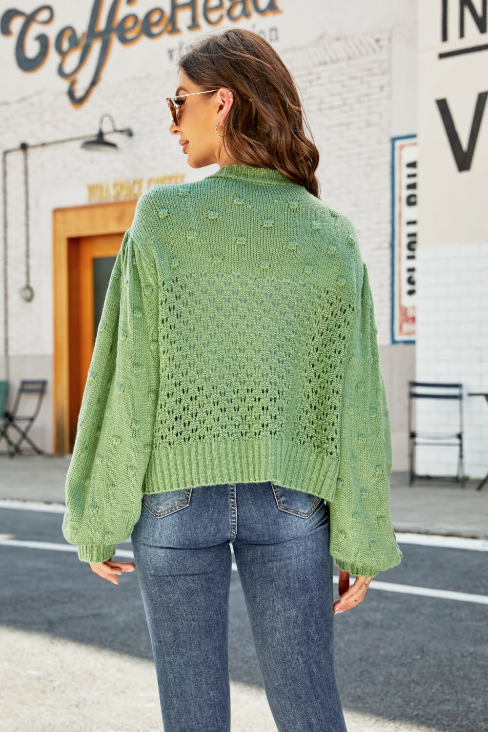 Woven Right Openwork Pompom Puff Sleeve Cardigan - Witcheasy