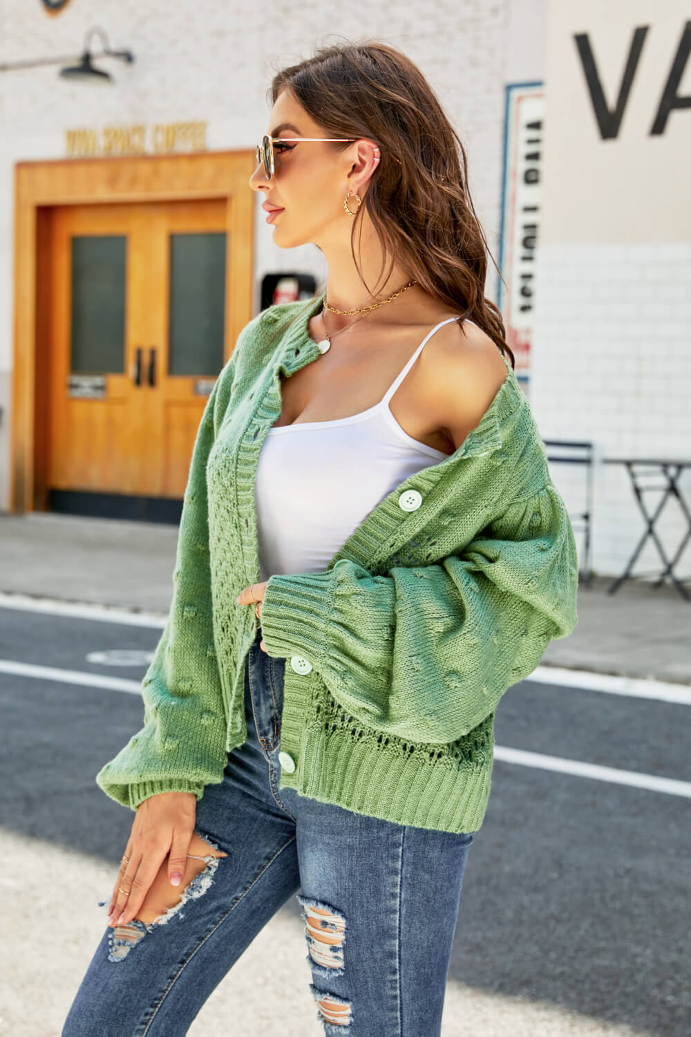 Woven Right Openwork Pompom Puff Sleeve Cardigan - Witcheasy