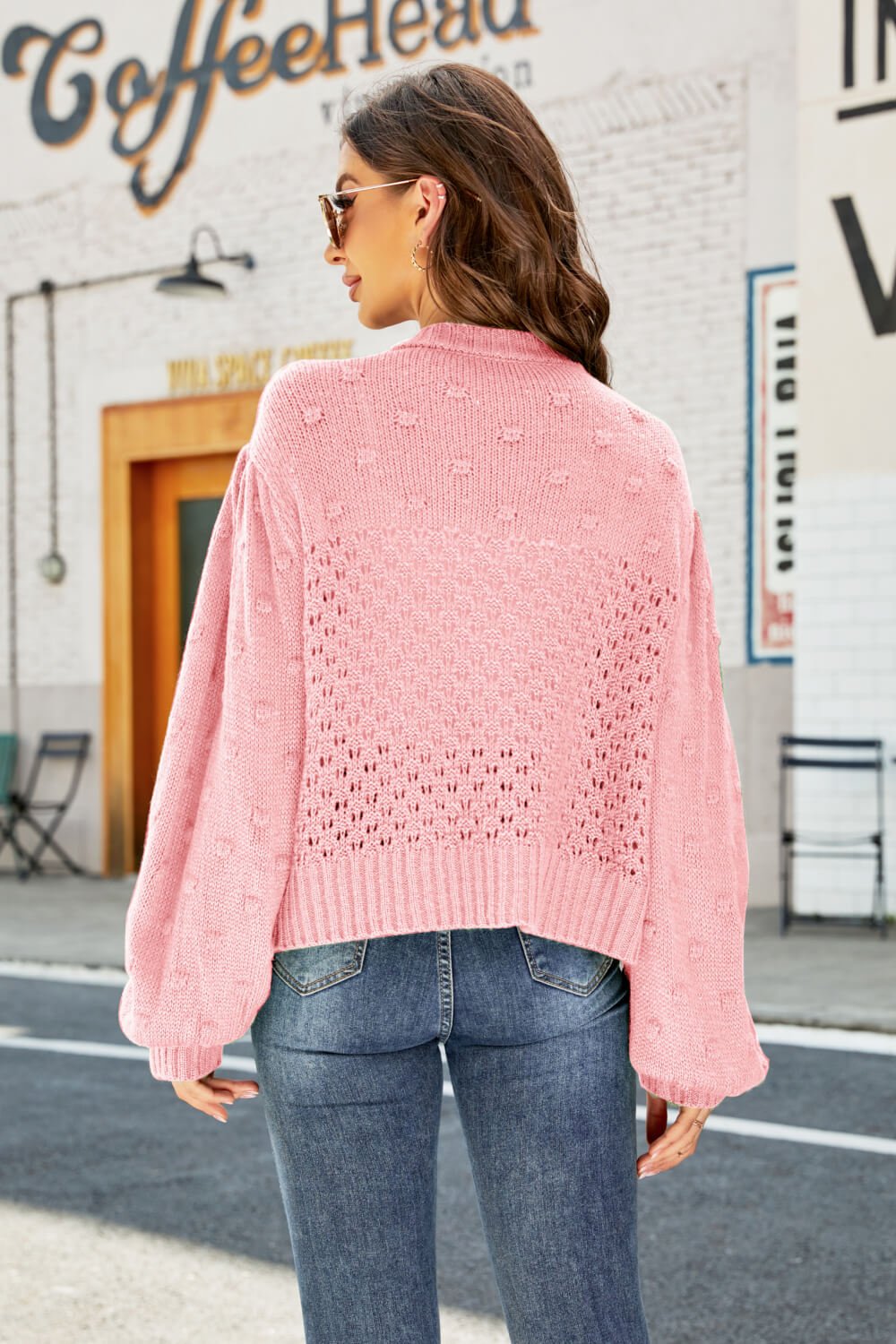 Woven Right Openwork Pompom Puff Sleeve Cardigan - Witcheasy