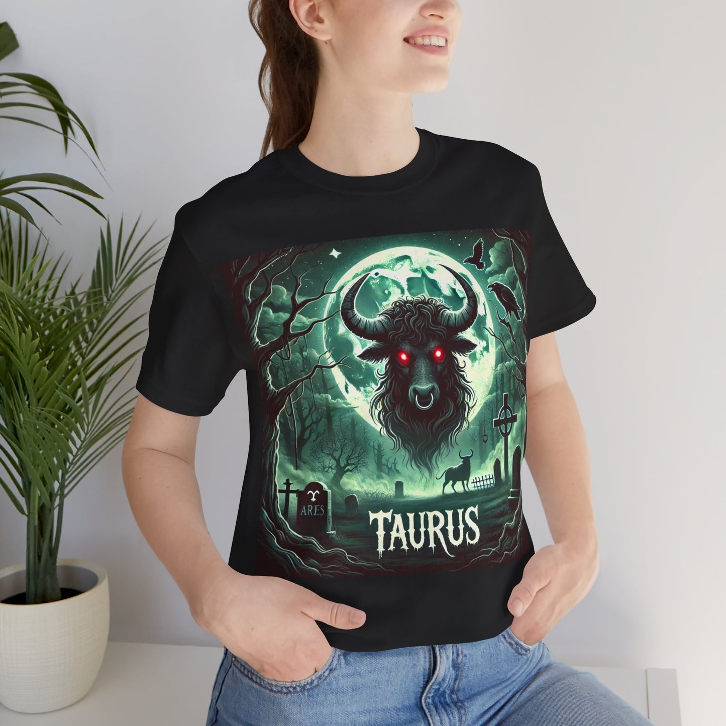 Spooky Taurus Zodiac Shirt Bull, Full Moon, and Graveyard Dark Astrology Tee for Astrology Lovers Distress