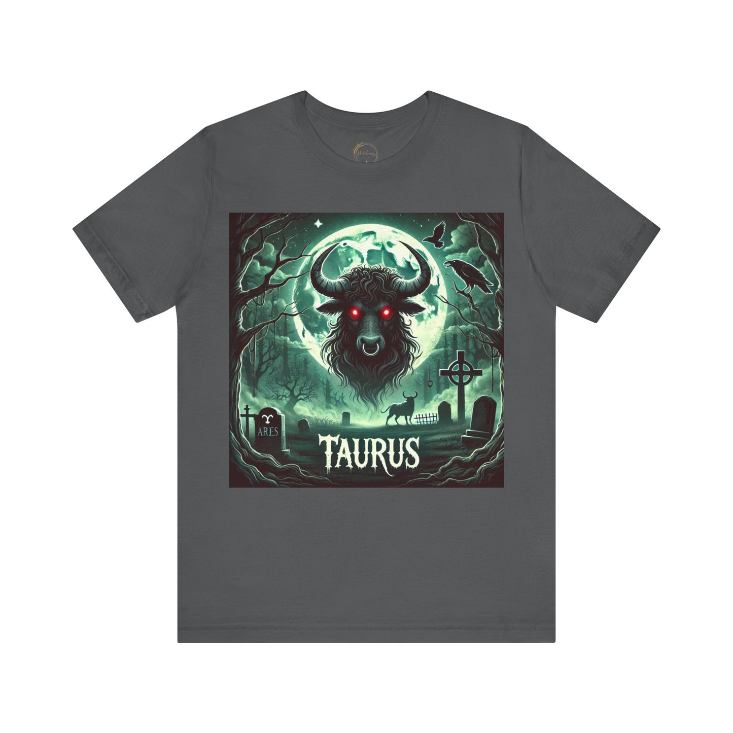 Spooky Taurus Zodiac Shirt Bull, Full Moon, and Graveyard Dark Astrology Tee for Astrology Lovers Distress