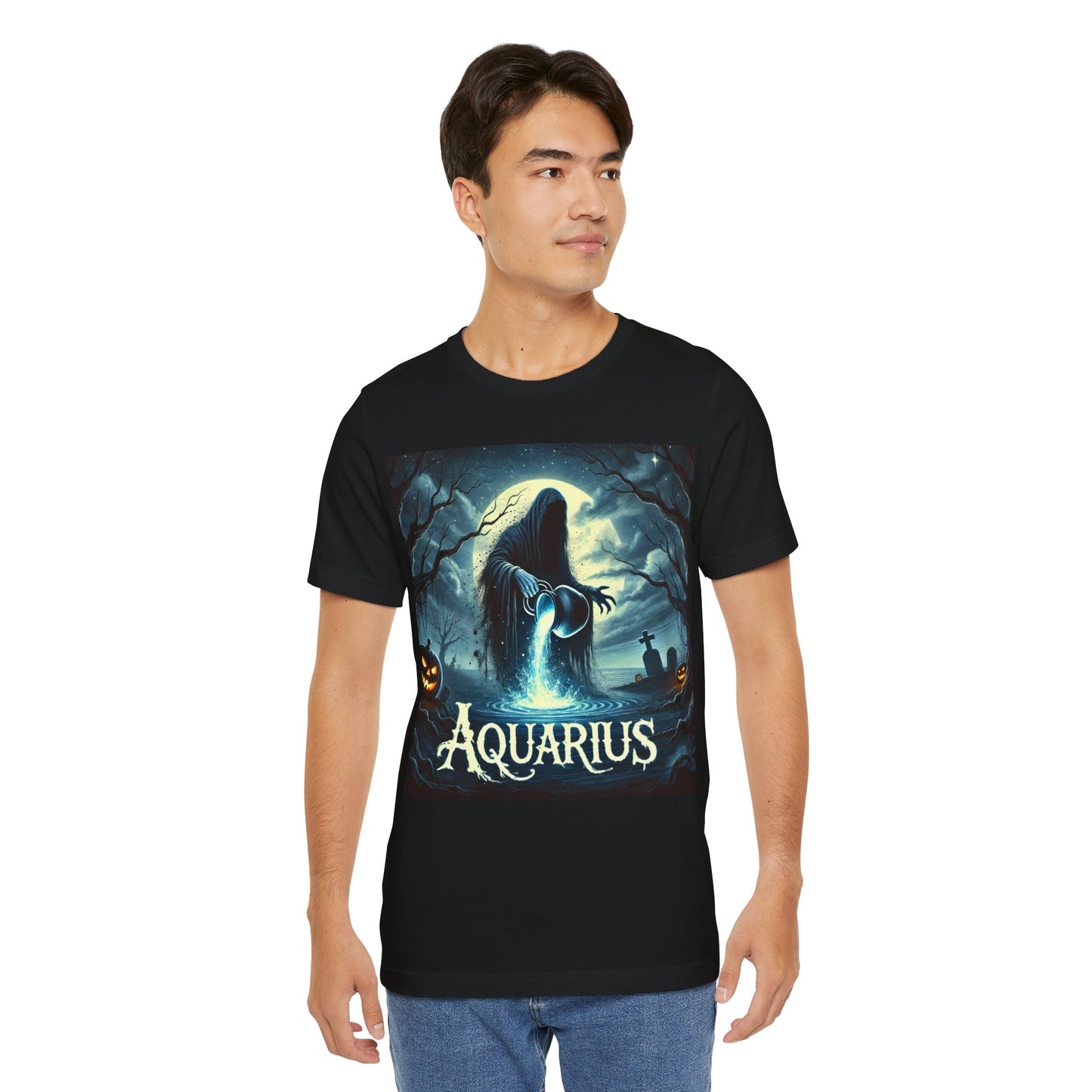 Spooky Aquarius Zodiac Shirt Water Bearer with Graveyard and Pumpkin Dark Astrology Tee for Anytime or Halloween Style Distress