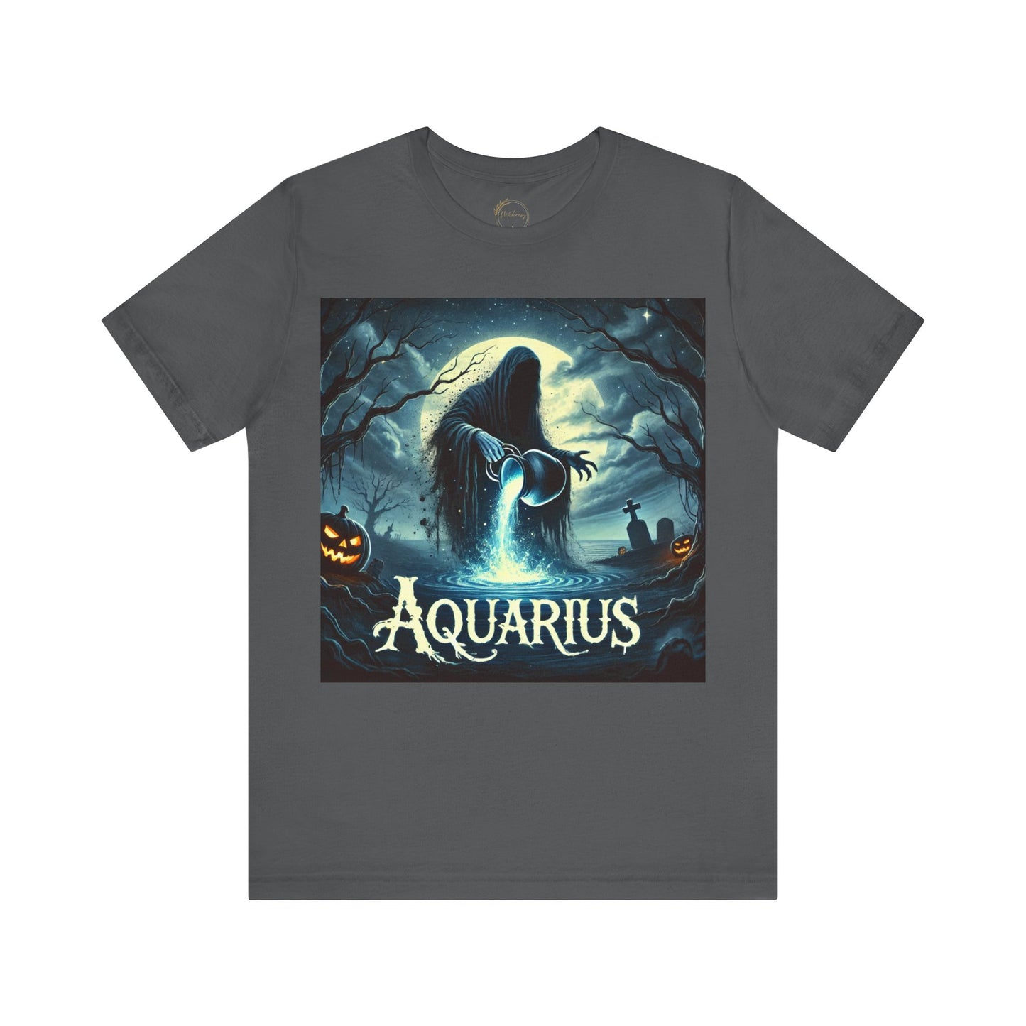 Spooky Aquarius Zodiac Shirt Water Bearer with Graveyard and Pumpkin Dark Astrology Tee for Anytime or Halloween Style Distress