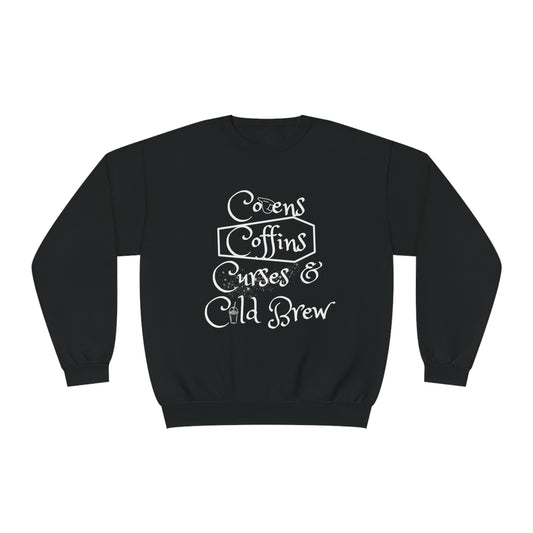 Covens, Coffins, Curses and Cold Brew Unisex Crewneck Sweatshirt