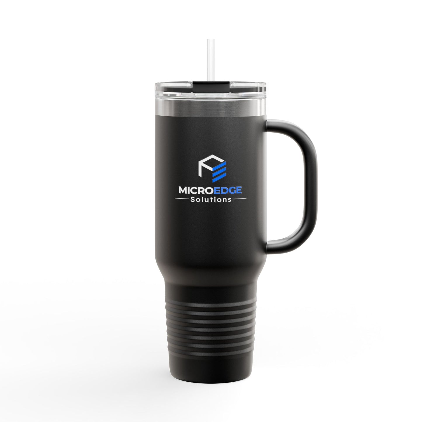 40oz Insulated Travel Mug with Handle — Micro Edge Solutions Logo Tumbler, Stainless Steel Vacuum Travel Cup