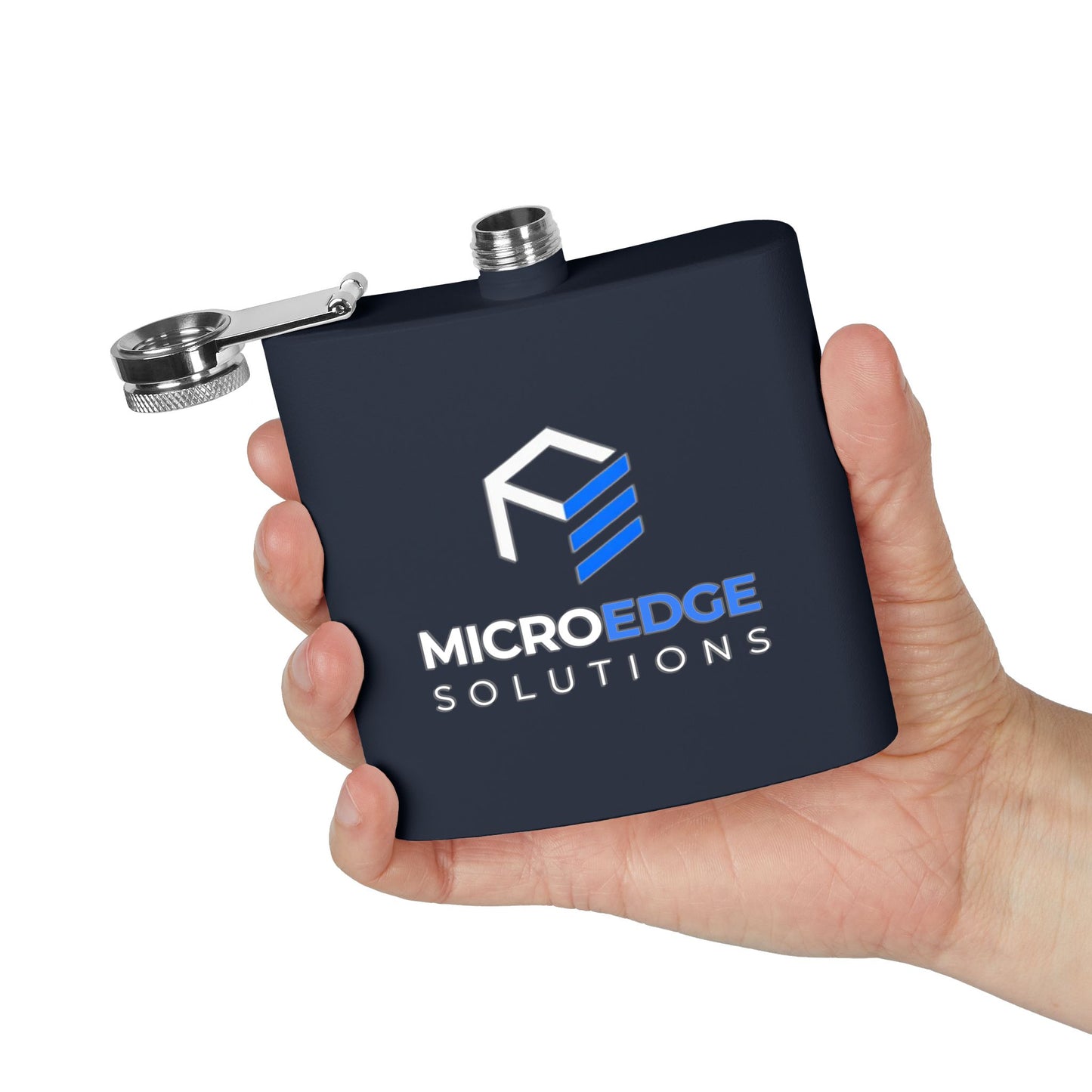 Stainless Steel Flask — MicroEdge Solutions Branded 6oz Hip Flask (Navy)