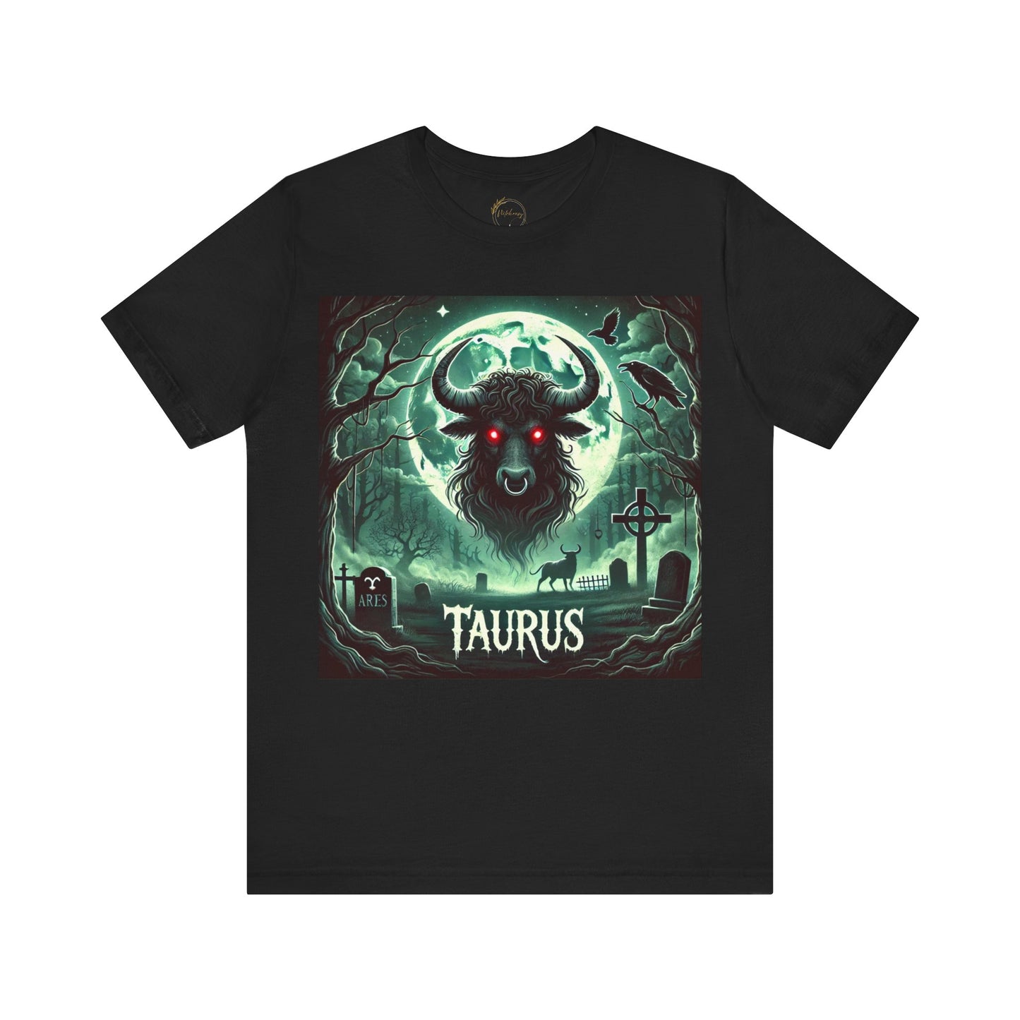 Spooky Taurus Zodiac Shirt Bull, Full Moon, and Graveyard Dark Astrology Tee for Astrology Lovers Distress