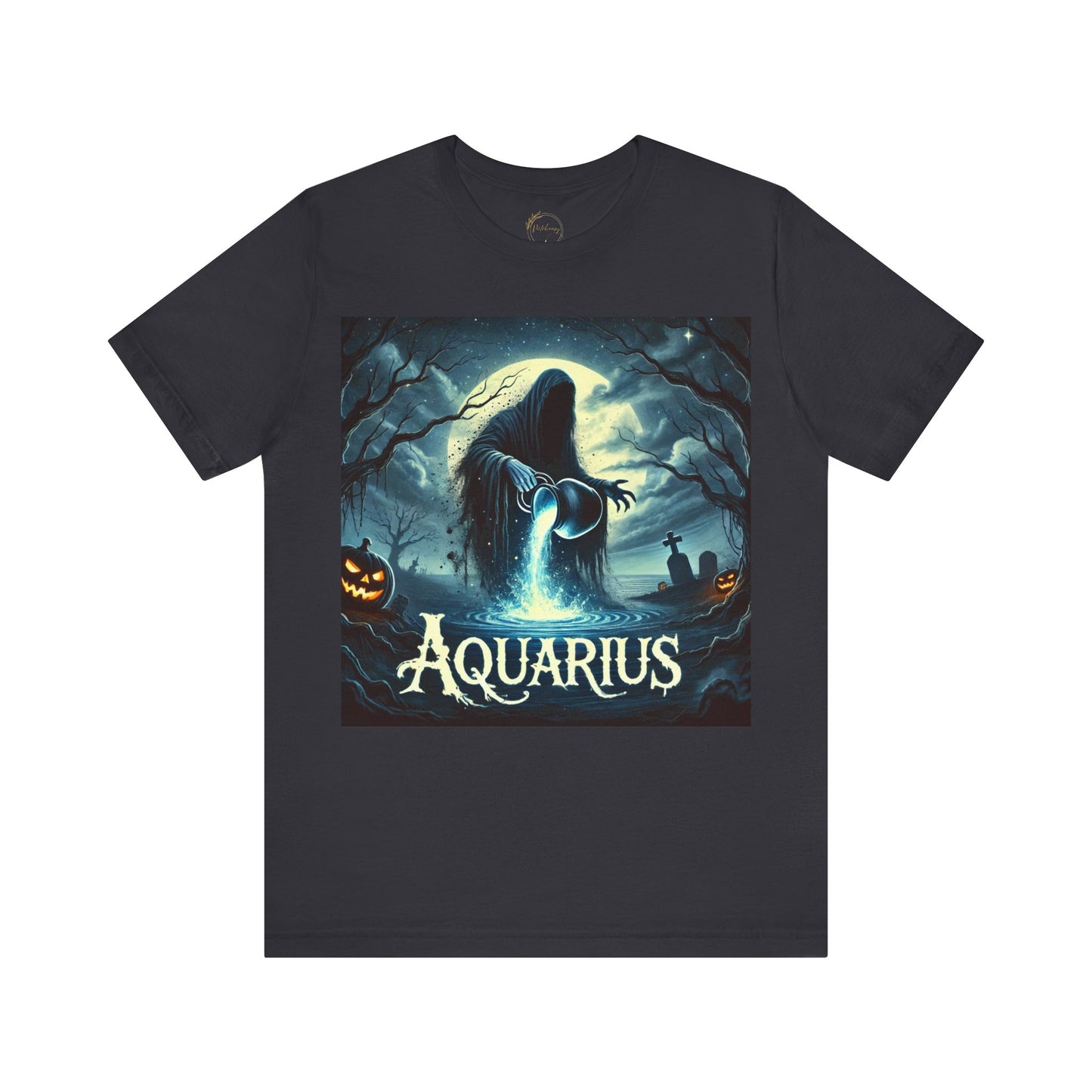 Spooky Aquarius Zodiac Shirt Water Bearer with Graveyard and Pumpkin Dark Astrology Tee for Anytime or Halloween Style Distress