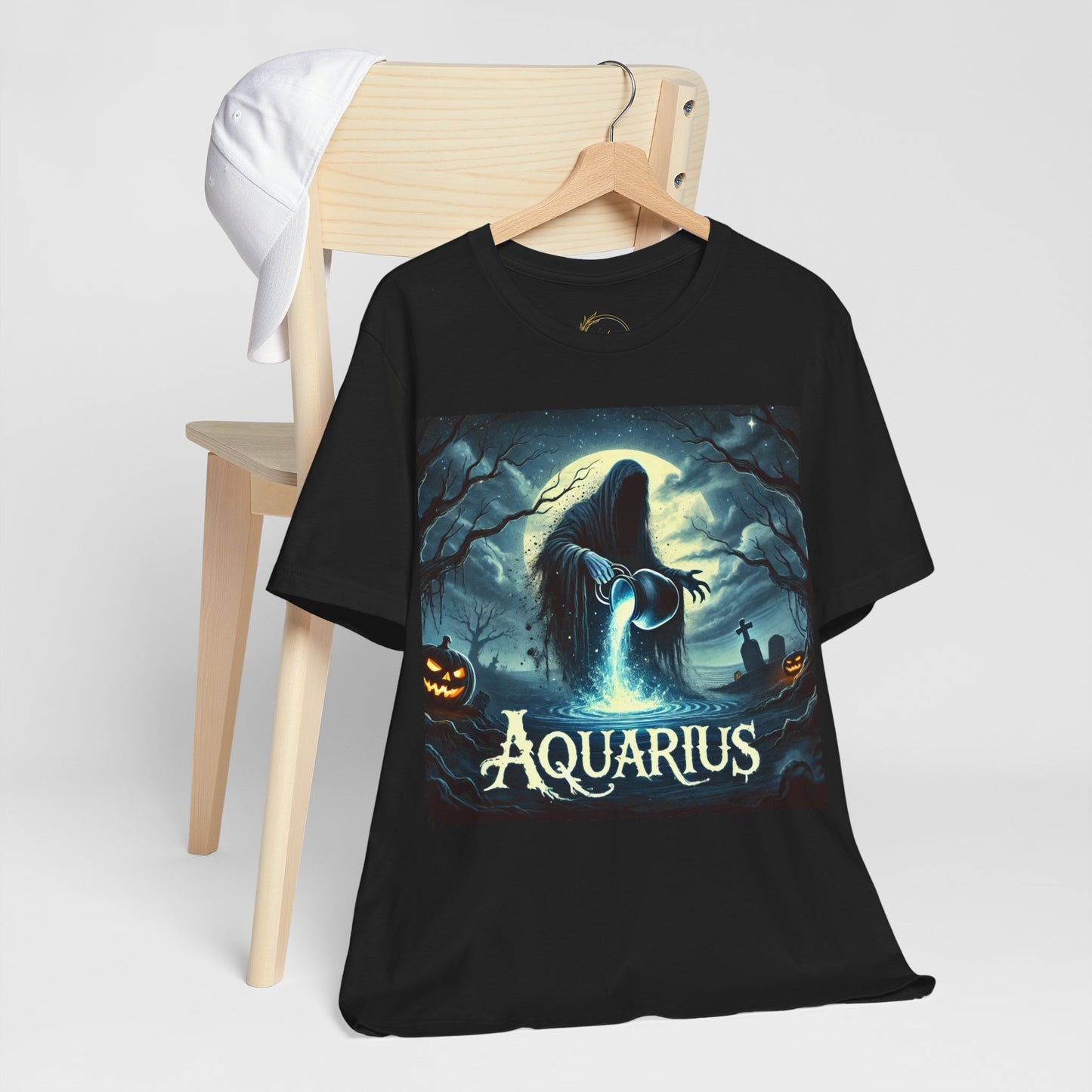 Spooky Aquarius Zodiac Shirt Water Bearer with Graveyard and Pumpkin Dark Astrology Tee for Anytime or Halloween Style Distress