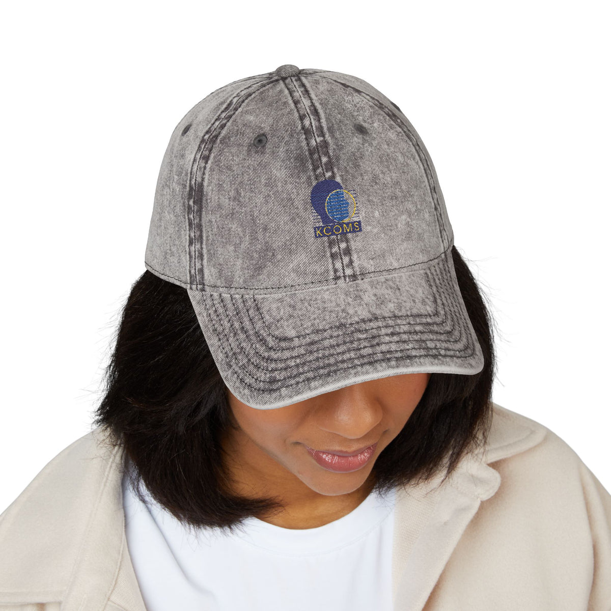 KCOMS Vintage Embroidered Cap — Retro Washed Baseball Hat with Blue Moon Logo