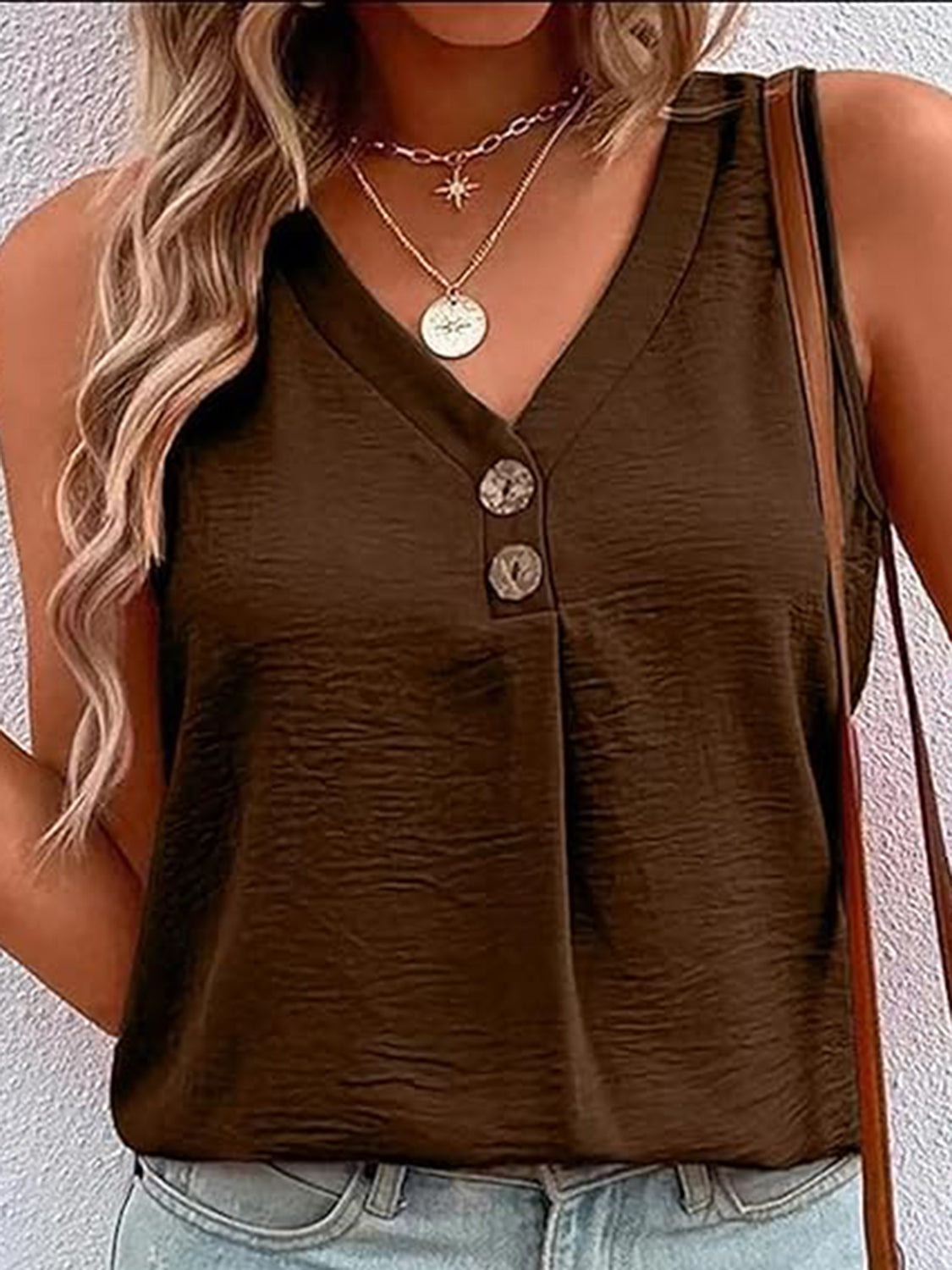 Full Size Decorative Button V-Neck Tank