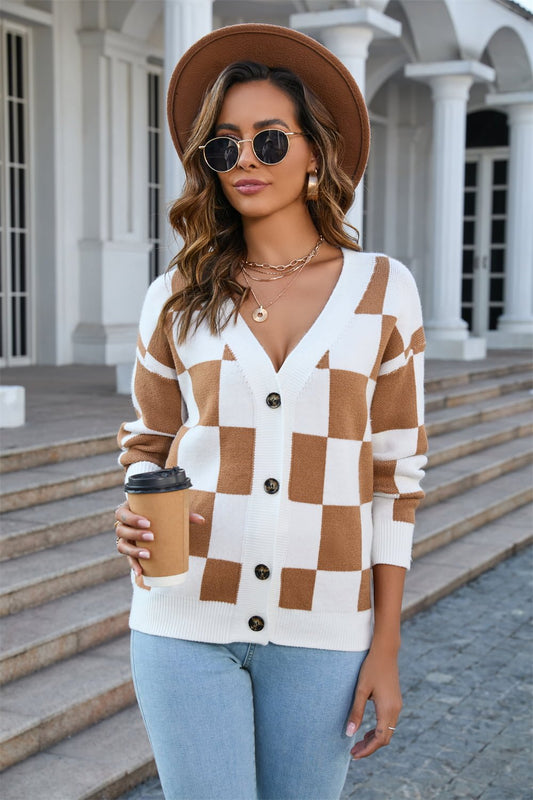 Button-Up Plaid V-Neck Dropped Shoulder Cardigan - Witcheasy