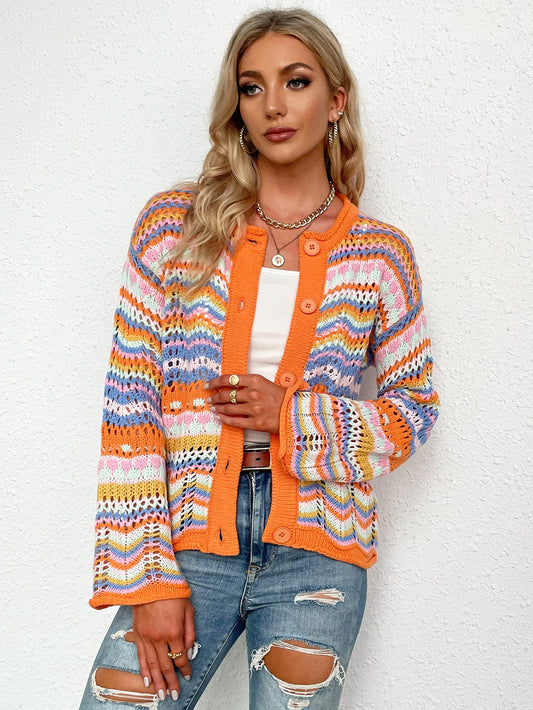 Chevron Stripes Openwork Cardigan - Witcheasy