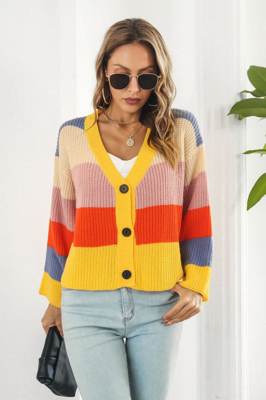 Color Block Button-Down Dropped Shoulder Cardigan - Witcheasy