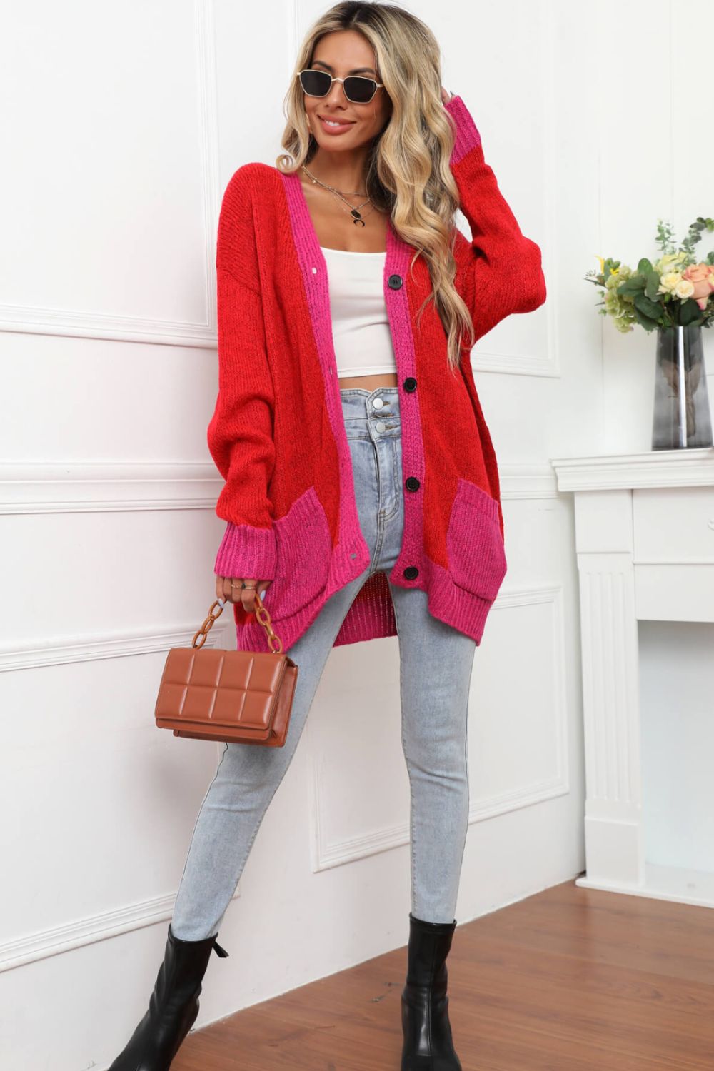 Contrast Detail Button-Up Cardigan with Pockets - Witcheasy