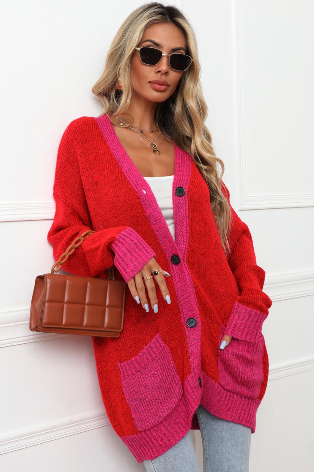 Contrast Detail Button-Up Cardigan with Pockets - Witcheasy