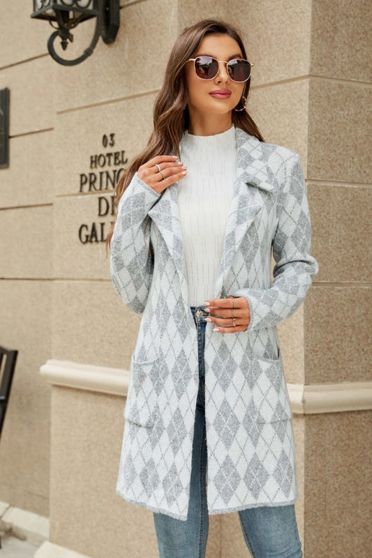 Double Take Printed Open Front Lapel Collar Cardigan with Pockets - Witcheasy