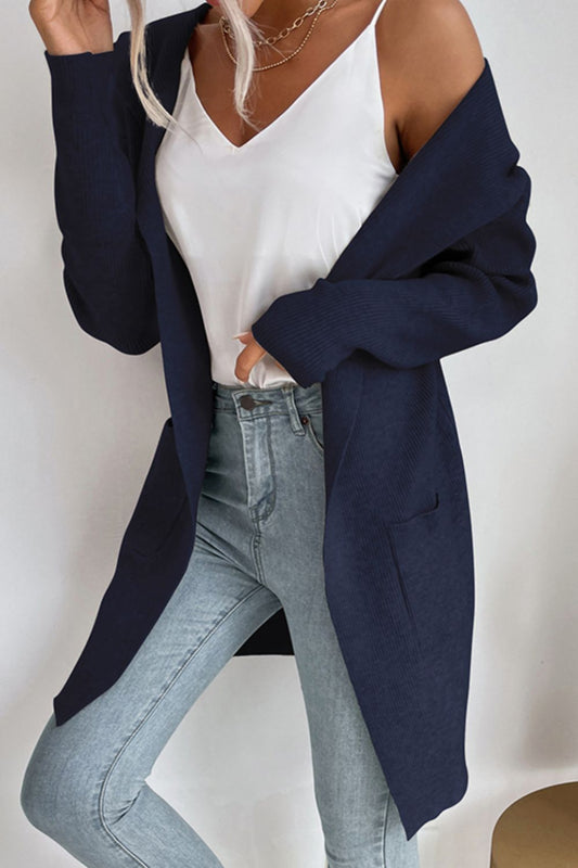 Double Take Ribbed Open Front Hooded Cardigan with Pockets - Witcheasy