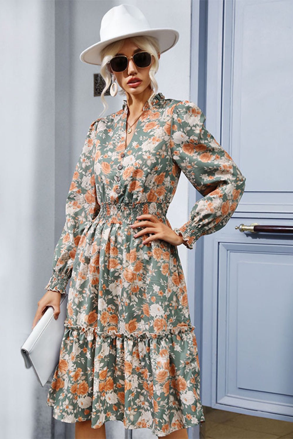 Floral Smocked Decorative Button Dress - Witcheasy