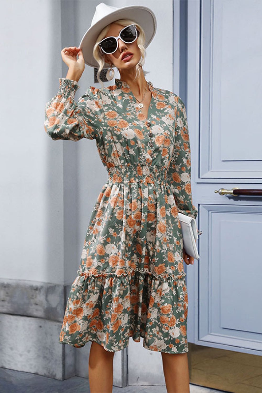 Floral Smocked Decorative Button Dress - Witcheasy