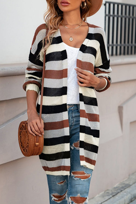 Full Size Striped Long Sleeve Openwork Cardigan - Witcheasy