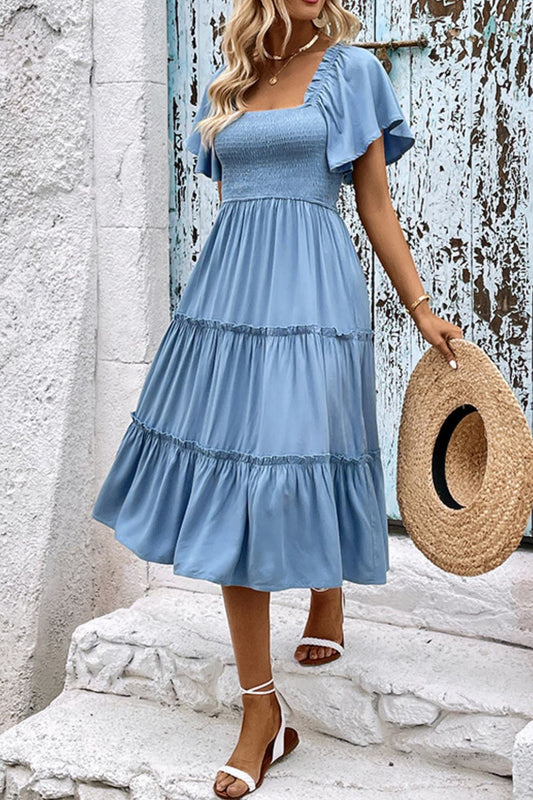 Smocked Square Neck Frill Trim Dress - Witcheasy