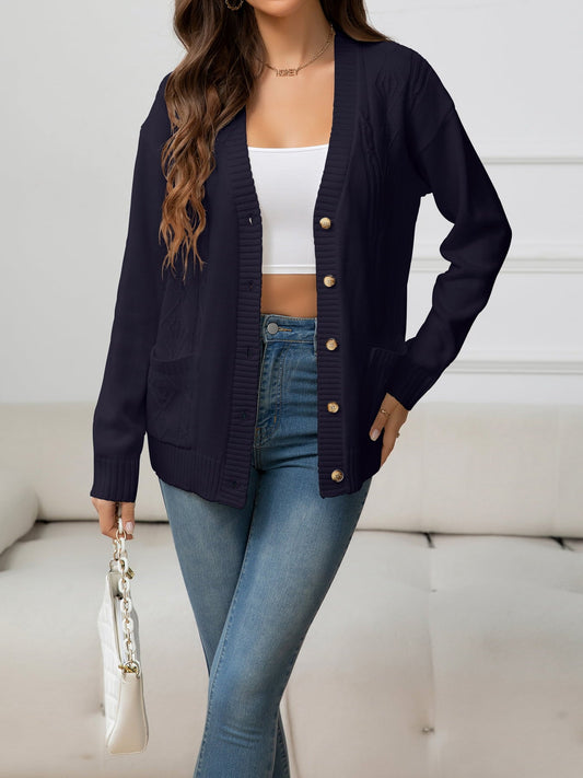 V-Neck Long Sleeve Buttoned Knit Top with Pocket - Witcheasy